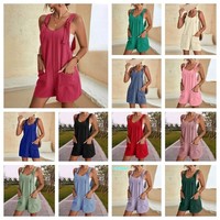 Womens Casual Solid Playsuit with Stretch Fabric for Beach Vacation and Yoga