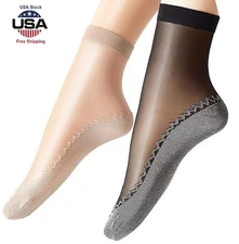 3Pairs Women Silky Cotton Socks Sole Sheer Ankle High Tights Hosiery Anti-Slip