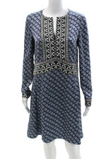 Tory Burch Womens Dark Blue Floral V-Neck Long Sleeve Shift Dress Size 4