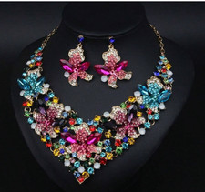 JEWELRY SET-3Pcs Luxury Colorful Flower Crystal Necklace and Earrings