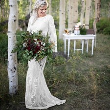 Boho Mermaid Wedding Dresses O-Neck Long Bell Sleeves Lace Applique Bridal Gowns