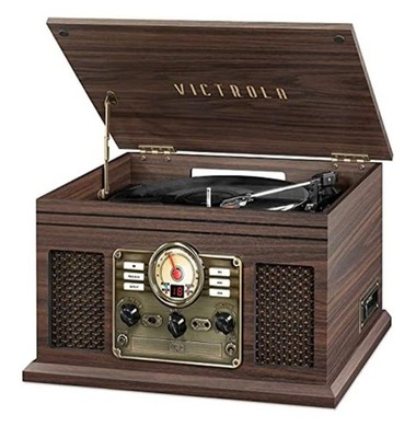 6-in-1 Bluetooth Record Player with CD, Cassette, AM/FM Radio, Mahogany