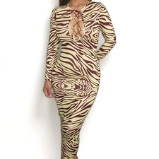 Beige Brown Animal Print Bodycon Dress Round Neck Long Sleeve Lace Up Long