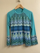 PRANA Women s Sz Small Green Chevron Stripe Long Sleeve Rash Guard Swim Shirt