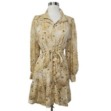 Aakaa Beige Floral Long-Sleeve Tie-Waist Feminine Cottagecore Boho Dress Size M