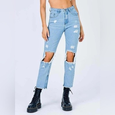 NWT Princess Polly Erissa Knee Rip Jeans Sz 2 Distressed Light Wash Straight Leg