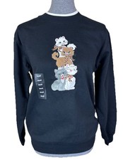 NWT Morning Sun Women's Small Solid Black Embroidered Cats Sweatshirt Crew