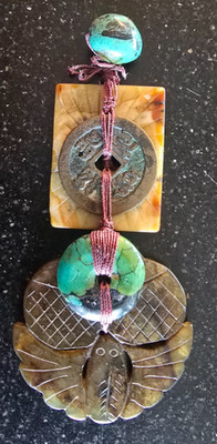 VTG Chinese Feng Shui Amulet/Charm, Coin, Turquoise, Carved Jasper & Jadite