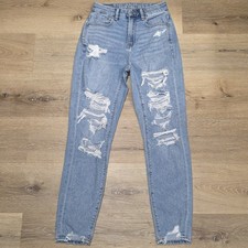 American Eagle Jeans Womens Size 00 Regular Stretch Curvy Mom Blue Distressed