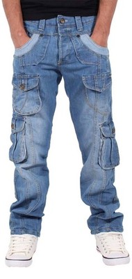 Peviani Herren Cargo Denim Jeans Regular Fit Stretch Multi Pocket Utility Hose