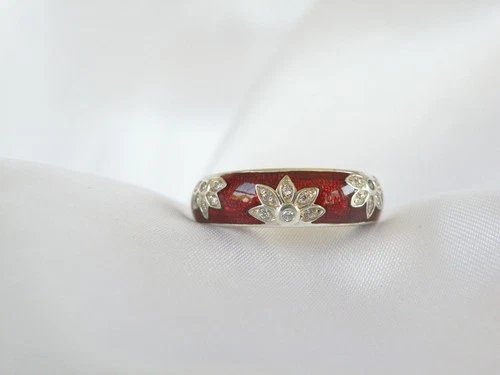 Vintage Diamonique Sterling Silver 925 Cherry Red Enamel Pinky Band Ring Size 6
