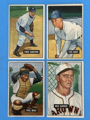 1951 Bowman Baseball Lot Of 4, Yankee Fred Sanford, Ted Gray, Vgex-Ex