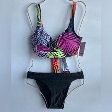 Bar III Women's Palm Prowl O-Ring Bikini Top  Hipster Bottoms Size Medium