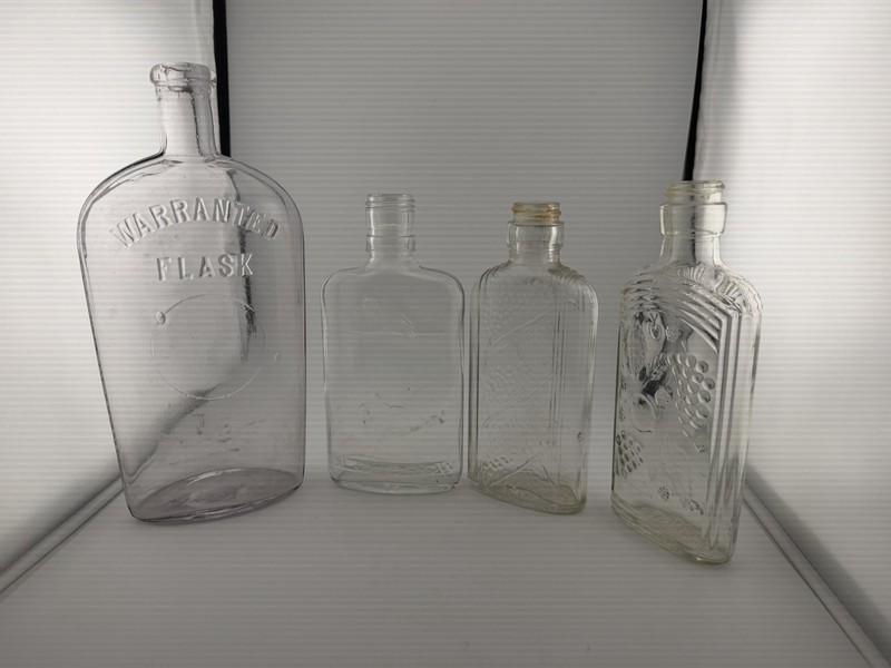 Antique Warranted Flask Lot of 4 Clear Embossed Glass Liquor Bottles Half Pint