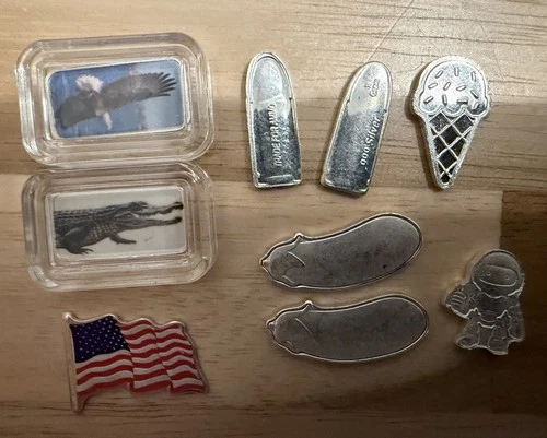 Lot of 9 Silver 1 Fractional GRAM Bullet, Ice Cream Cone Egg Plant Spaceman Flag