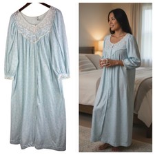 Vtg Miss Elaine Sz Large Nightgown Floral Lace Blue Pink Flannel Cottage Long 9