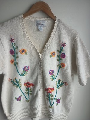 Worthington Women's Cardigan Sweater Vintage Floral Embroidered 70's  80's Style