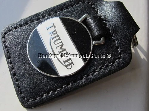 Triumph White enamel KEYRING by Gomm key fob black leather key ring England made