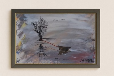 Original 11x14 Acrylic Landscape on Paper Lone Tree Boat Reflection Art.