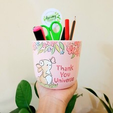 Hand-Painted Pen Holder Cute Bunny with "Thank You Universe" Nursery Decor
