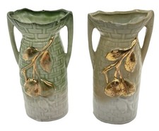 VTG Pair China Porcelain Basket Weave Small Vases 3 1/4" Green Gold Pears Handle