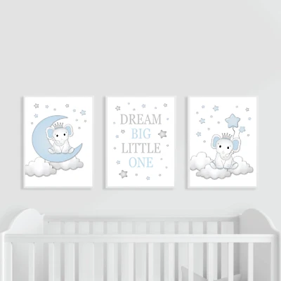 Elephant Nursery Prints Set of 3 Blue Baby Boy, Dream Big, Moon & Stars Bedroom