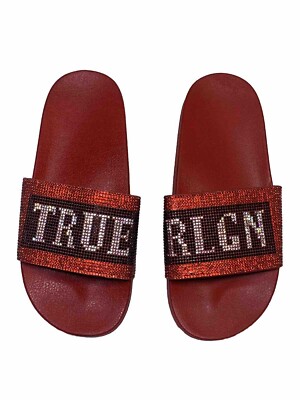 True Religion Jasmin Bling Rhinestone Red Black Slides Sandals Women’s Size 