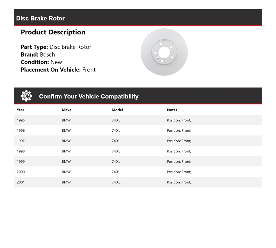 Rotor de freno de disco delantero para BMW 740iL Bosch QuietCast 1995-2001 1996 1997 1998 Foto 2 de 4