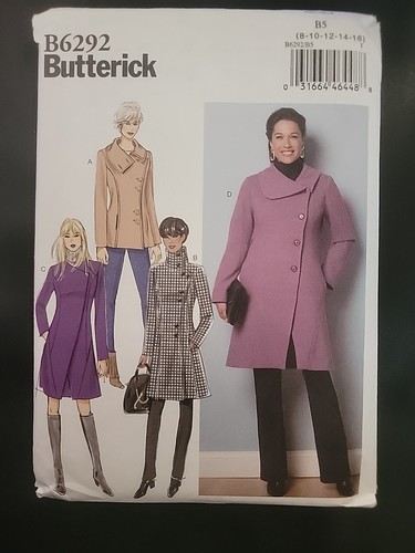 Butterick B6292 Lined Coat fitted thru bust SEWING PATTERN SZ 8-16