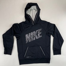 Nike Therma-Fit Hoodie Pullover Black Gray Logo Front Pocket Youth Size M Medium