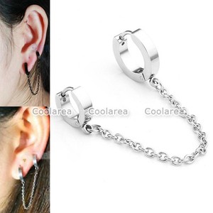1pc Men Women Steel Double Hoop Huggie Slave Chain Tel Earrings Image Is Loading 1pc Men Women Steel Double Hoop Huggie Slave