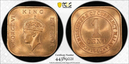 British Malaya, 1940 George VI Cent. PCGS MS 65 Red! 23,600,000 Mintage.