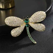 Elegant Green Dragonfly Rhinestone Brooch Pin Golden Toned  Scarf Clip Gift