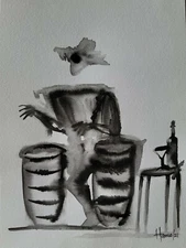 Musician."Tamborilero" .india ink surrealism abstract.  Impressionism Original. 