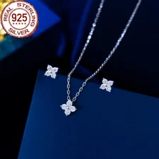 925 Sterling Silver CZ Flower Leaf Round Tennis Pendant Stud Earring Jewelry Set