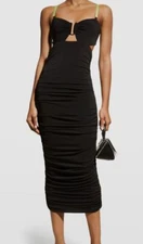 $295 Le Superbe Women's Black Cut-Out Side Ruched Midi Bodycon Dress Size XS