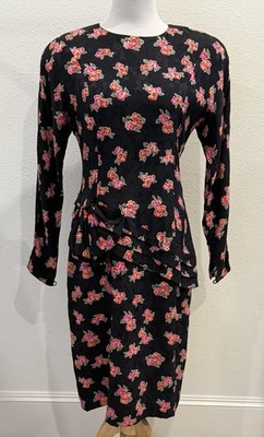 Vintage Nipon Boutique Silk Floral Modi Dress 10 Black Bow Long Sleeve Ruffles