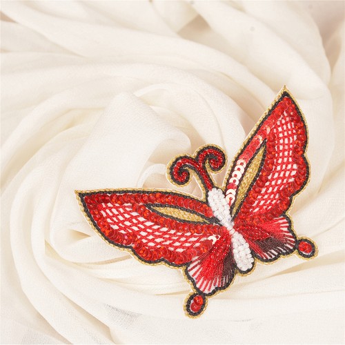 Sanskriti New Patch Applique Hand Beaded Butterfly Sequins Pearls Red - Picture 5 of 5