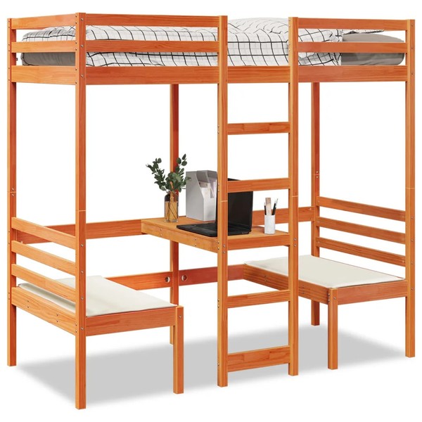 Hochbett Mit Schreibtisch Und StüHlen 75X190 Cm Kiefernholz Braun-image