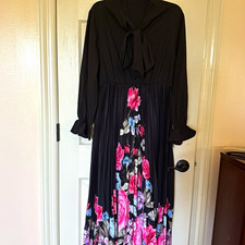 Shien Black Floral V-Neck Long Sleeve Pleated Bow Tie Maxi Dress XL
