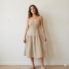 WeWoreWhat Womens Scrunchie Dress Large Tan Smocked Bodice Linen Blend Coastal