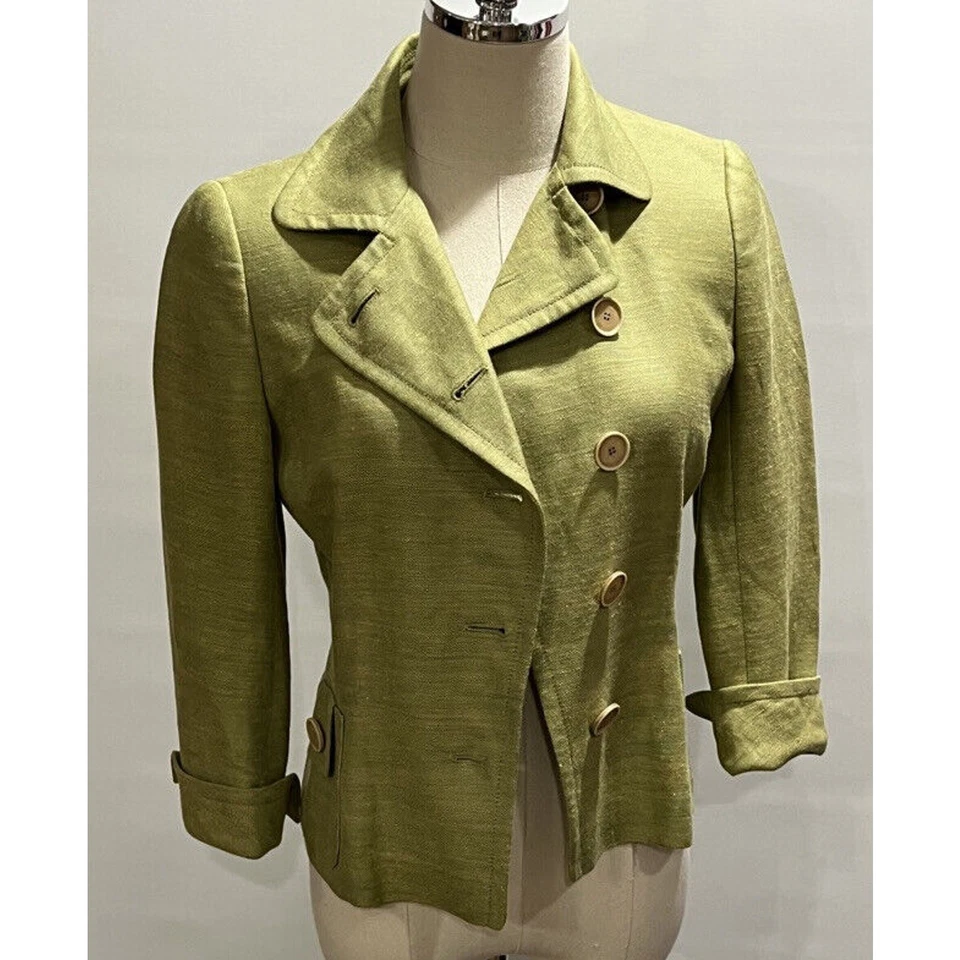 Akris Punto Green Linen Silk Blend Asymmetrical Button Blazer Jacket Size US 4 - Image 2 of 4