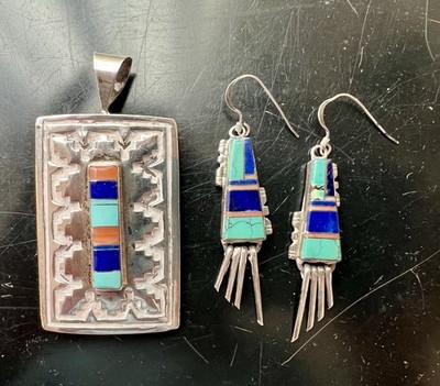 Vintage Native American Sterling Earrings And Pendant Willie Mariano Turquoise