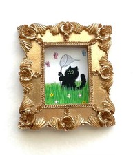 Farfalle gatto nero incorniciato miniatura mini STAMPA ARTISTICA cornice ornata oro NON ACEO