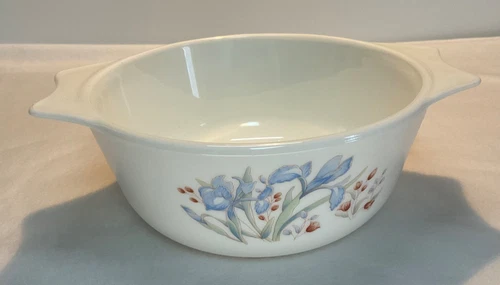 Vintage Pyrex Blue Iris Baking Casserole Dish w/ Handles Round Bowl. England