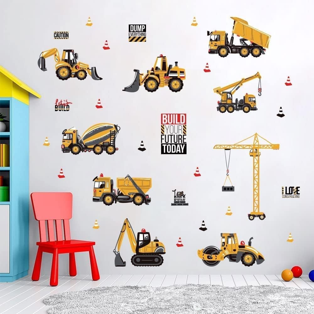 Stickers muraux construction voiture et tracteur pour salle de jeux