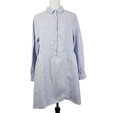 Halston Large Light Blue Low High Pull Over Lagenlook Tunic Linen Shirt
