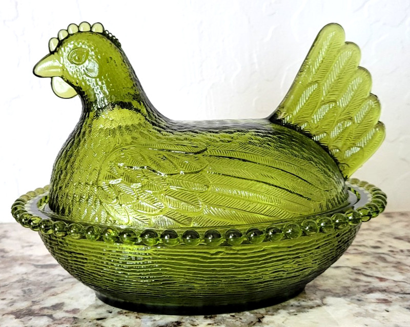 Vintage Indiana Glass Carnival Olive Green Hen on Nest with Beaded Nest 7"