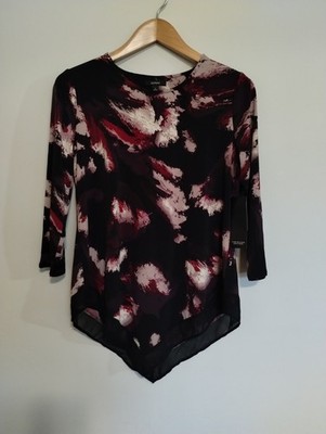 Alfani Elements Blouse Womens Sz Small Black Magenta Abstract Paint Plume Print