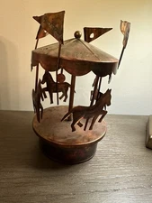 Vintage Tin Copper Carousel Music Box Sankyo Horse Merry Go Round Working
